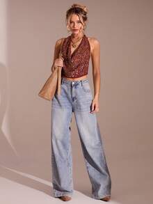 Glamine Women's Y2K Rhinestone Halter Cropped Fashionable Sexy Camisole Hippie Top Western Crop Top Bandana Top Women Cowgirl Top Scarf Top - Red - View 2