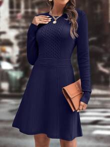 Ellegaria. Women's Casual Knitted Long Sleeve Round Neck Cable Pattern Dress, Autumn/Winter - Royal Blue - View 3