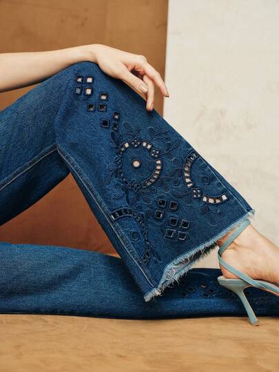 Anewsta Women's Fashion Casual Hollow Embroidered Washed Flare Jeans