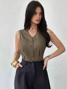 Firerie 女士休闲优雅亚麻A字型背心，卡其色/摩卡棕色，适合休闲、通勤、商务会议等场合/教师着装/商务着装，背心 - 摩卡棕 - 查看 6