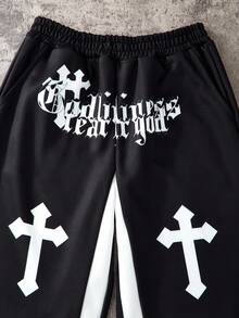 SHEIN Coolqubz Tween Boy 宽松交叉印花休闲阔腿裤，秋季 - 黑色 - 查看 3