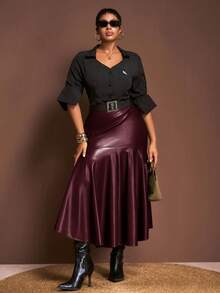 Veslaya 2025秋冬新款优雅复古浪漫波西米亚经典性感复古风女装日常、约会、外出、派对橄榄绿PU紧身鱼尾裙，大码下装 - 酒紅色 - 查看 6