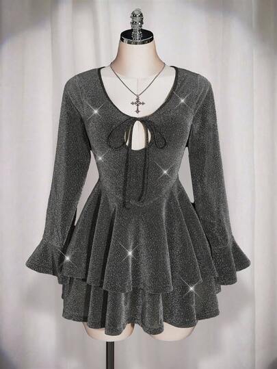 SHEIN ICON 大码V领蝴蝶结装饰金属针织连衣裙，Y2K派对金属连衣裙，圣诞节服装，新年服装，派对连衣裙，生日连衣裙，跨年夜连衣裙