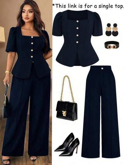 Auvina 大码女士优雅休闲/工作简约华夫格短袖衬衫