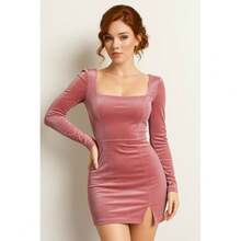 Vestido Corto Elegante con Escote Cuadrado Manga Larga para Mujer Dama Sexy para Eventos Fiestas Lindo Adorable - Rosa - Ver 6