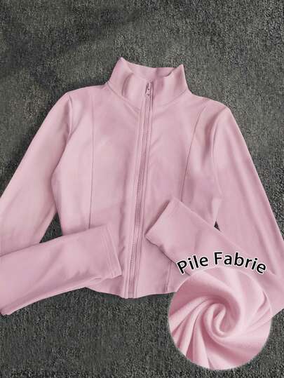 Glimmora Chaqueta deportiva casual de mujer de terciopelo rosa claro con cremallera, ajuste delgado de manga larga, otoño