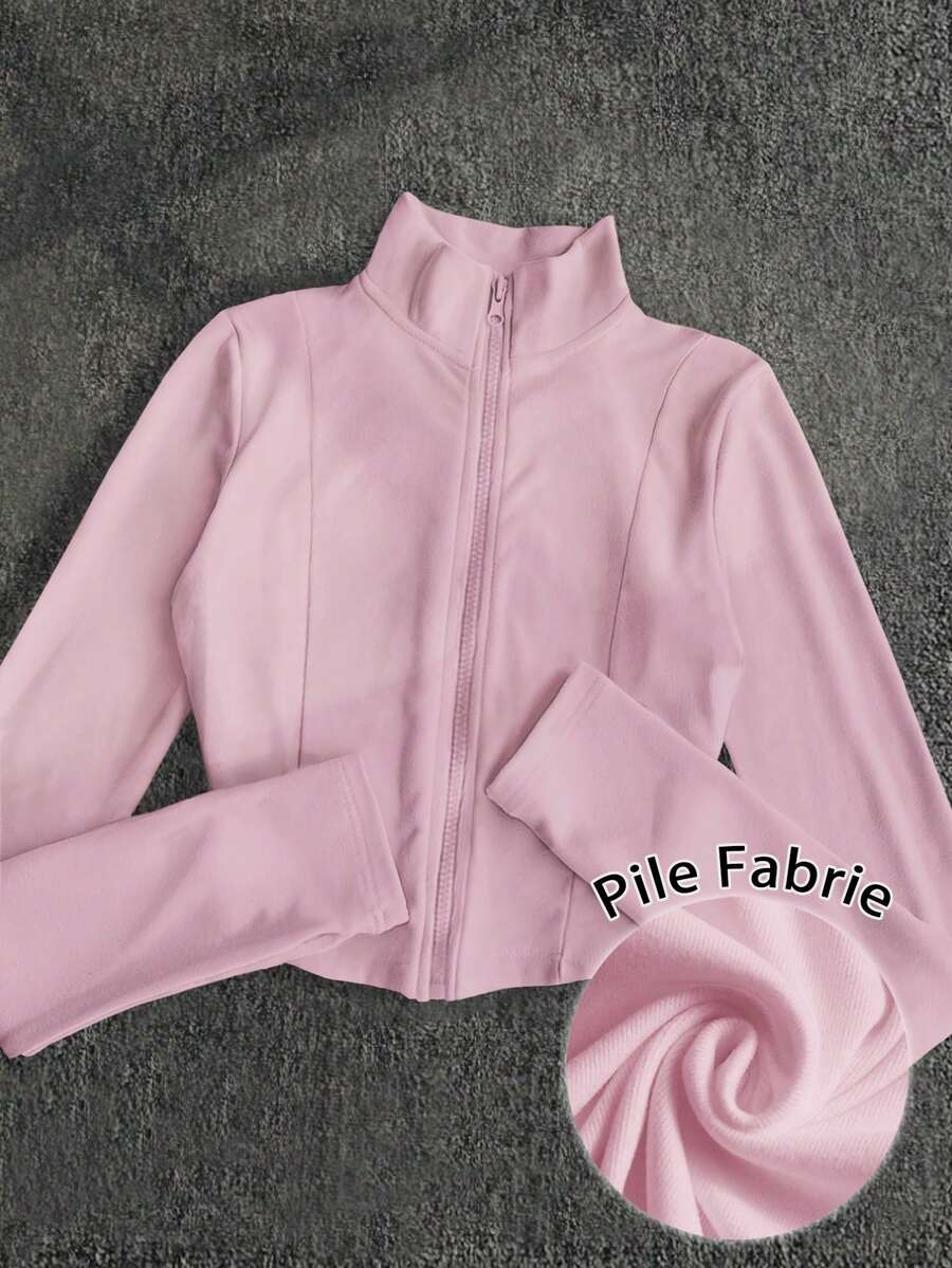 INAWLY Women's Light Pink Velvet Casual Sporty Zip-Up Jacket, Slim Fit Long Sleeve, Autumn - Baby Pink - View 1