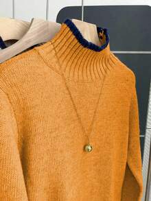 Franclia 法式复古宽松高领长袖撞色滚边针织套头毛衣，女士秋冬款