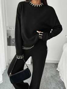 SHEIN 少女休闲时尚百搭撞色滚边套头毛衣和宽松针织裤套装，适合周末、休闲外出、返校、万圣节、圣诞节等秋冬季穿着。 - 黑色 - 查看 2