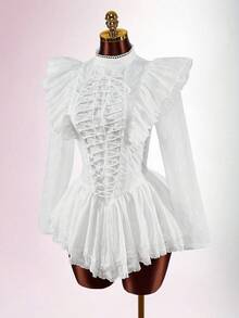 Amplova Robe courte élégante à manches longues avec volants et croisés, automne - Blanc - Voir 2