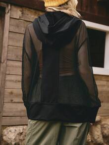 Medorelle 女士网眼拼接落肩长袖休闲抽绳连帽衫 - 黑色 - 查看 2