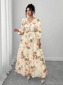 Elenzga 大码女式优雅波尔卡圆点印花V领荷叶边下摆长袖连衣裙 - 彩色 - 查看 6