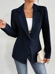 SHEIN Unity Blazer de cintura ceñida de unicolor, amigable para el transporte - Azul Marino - Ver 3