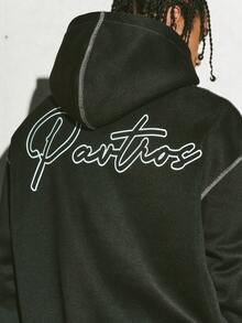 PAVTROS Manfinity Streetrush 男士街头风流行 INS 搭配。男士街头服饰，男士休闲字母印花连帽衫，长袖，运动套装，保暖舒适，街头风，男友礼物，男士短款印花连帽衫 - 黑色 - 查看 5