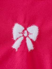 SHEIN Playful Pals Young Girls' Thick Pink Sweater With White Bow Crew Neck Pullover, Casual & Cute For Layering, Or Party Wear, Autumn/Winter Pink Long Sleeves Clothes Kids Sweaters For Girls Bow Tops For Girls Girls Autumn And Winter Clothes Girl Bow Knit Sweater - Hot Pink - View 4