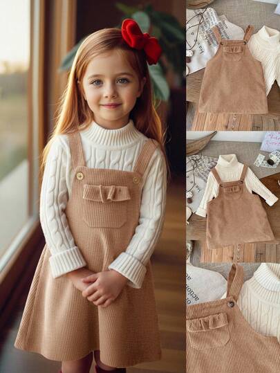 SHEIN Emery Rose Kids 女童可爱灯芯绒背带裙，带荷叶边口袋和肩带，女童灯芯绒背带裙