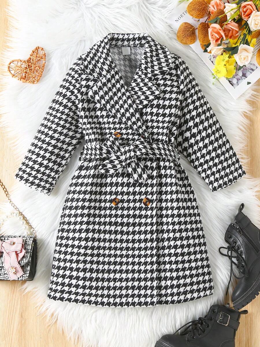 SHEIN Elladie kids Young Girl 1pc Houndstooth Print Double Breasted Belted Tweed Overcoat - Black and White - View 1