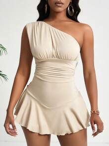 BamGleam 不對稱領口荷葉邊修飾女士緊身連身褲