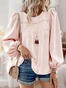 EMERY ROSE Women's Casual And Elegant Minimalist Textured Fabric Round Neck Long Sleeve Blouse,Fall And Spring Vcation T-Shirt Boho Blouses Lantern Sleeve Blouse Women Blouses Long Sleeve Pink Blouses Long Sleeve Summer Top - Baby Pink - View 4