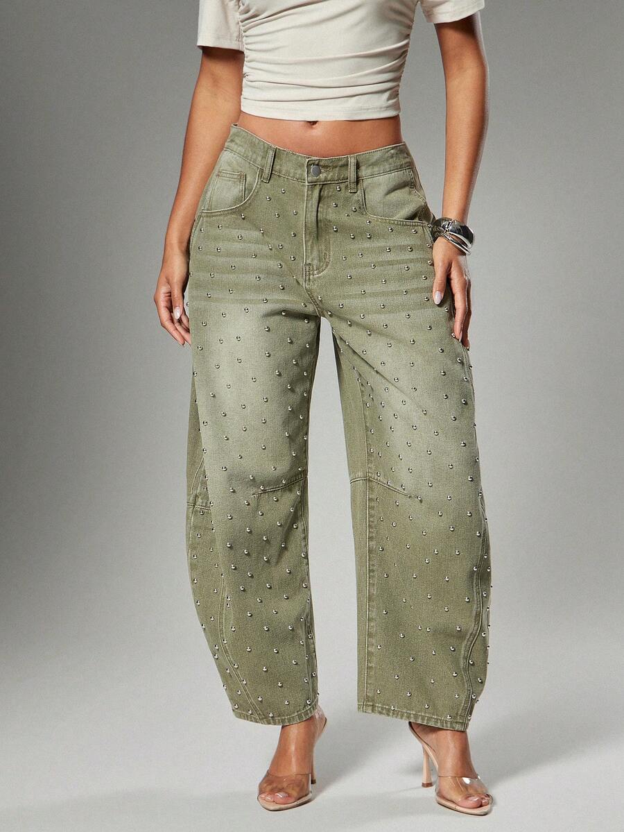 Hauture Women's Casual Everyday Pearl Embellished Washed Denim Jeans - Olive Green - View 1