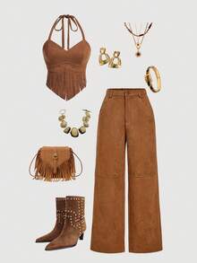 SHEIN MOD 女士棕色约会之夜麂皮长裤，直筒裤，女士假日装扮，度假，女士假日装扮，女士冬季服装，牛仔裤，棕色女士长裤 - 棕色 - 查看 6