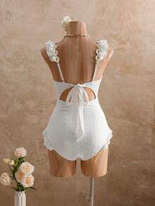 Bellisia Đồ bơi một mảnh xếp nếp đính hoa cúc họa tiết kỳ nghỉ dành cho nữ - Màu be - Xem 2