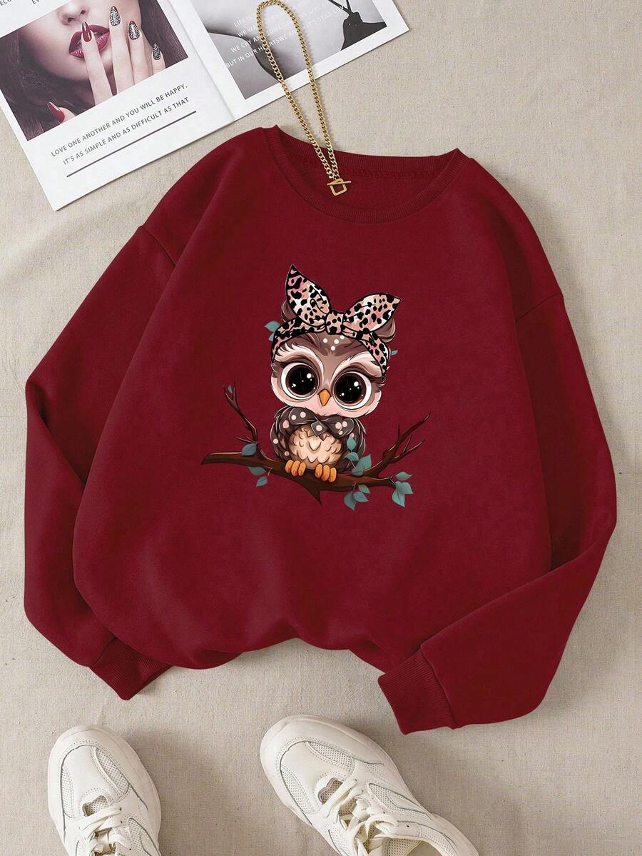 INAWLY Women's Casual Pullover Sweatshirt, Autumn/Winter, Patterned Design, Wine Red, Owl Graphic, Fashionable & Versatile, Outdoor Wear, Street Photography, Must-Have, High Visibility, Back To School, Teacher's Day, Women's Regular Crew Neck Sweatshirt - Burgundy - View 1
