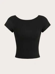 SHEIN EZwear Bộ 2 áo thun ngắn tay cổ tròn hở lưng màu đen dành cho nữ, thích hợp cho mùa xuân/hè - màu đen - Xem 3