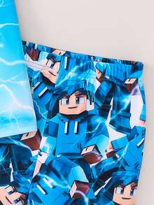 SHEIN Bộ đồ ngủ 2 món cổ tròn tay ngắn rộng rãi thoải mái in họa tiết cho bé trai/trẻ vị thành niên (áo sơ mi và quần short) - Màu xanh lam - Xem 7
