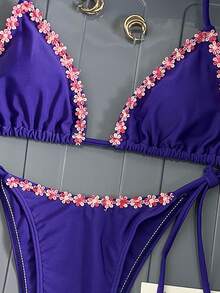 Swim Mod Women's Fashionable & Elegant Navy Blue Halter Neck 2-Piece Bikini Swimsuit Set, Casual Beach Bikini With Charm Navy Bikini Blue Bikini Vacation Bikini Tanning Bikini - Navy Blue - View 5