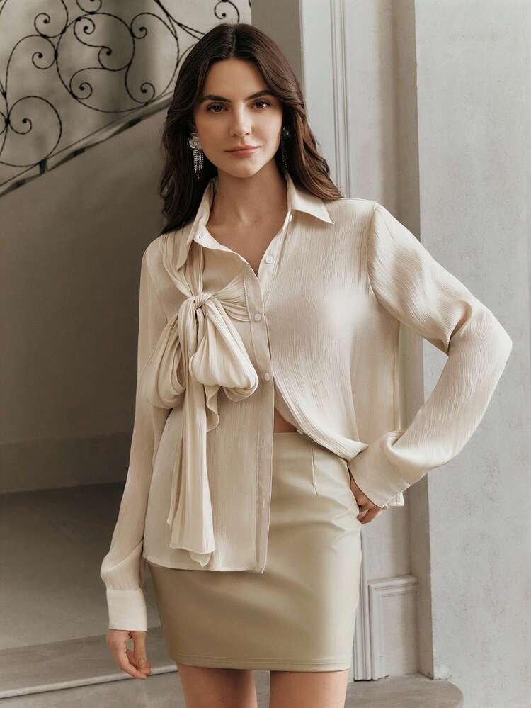 Women's Casual Fitted Elegant Bowknot Blouse, Long Sleeve, Spring/Autumn