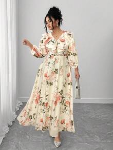 Elenzga 大码女式优雅波尔卡圆点印花V领荷叶边下摆长袖连衣裙 - 彩色 - 查看 3