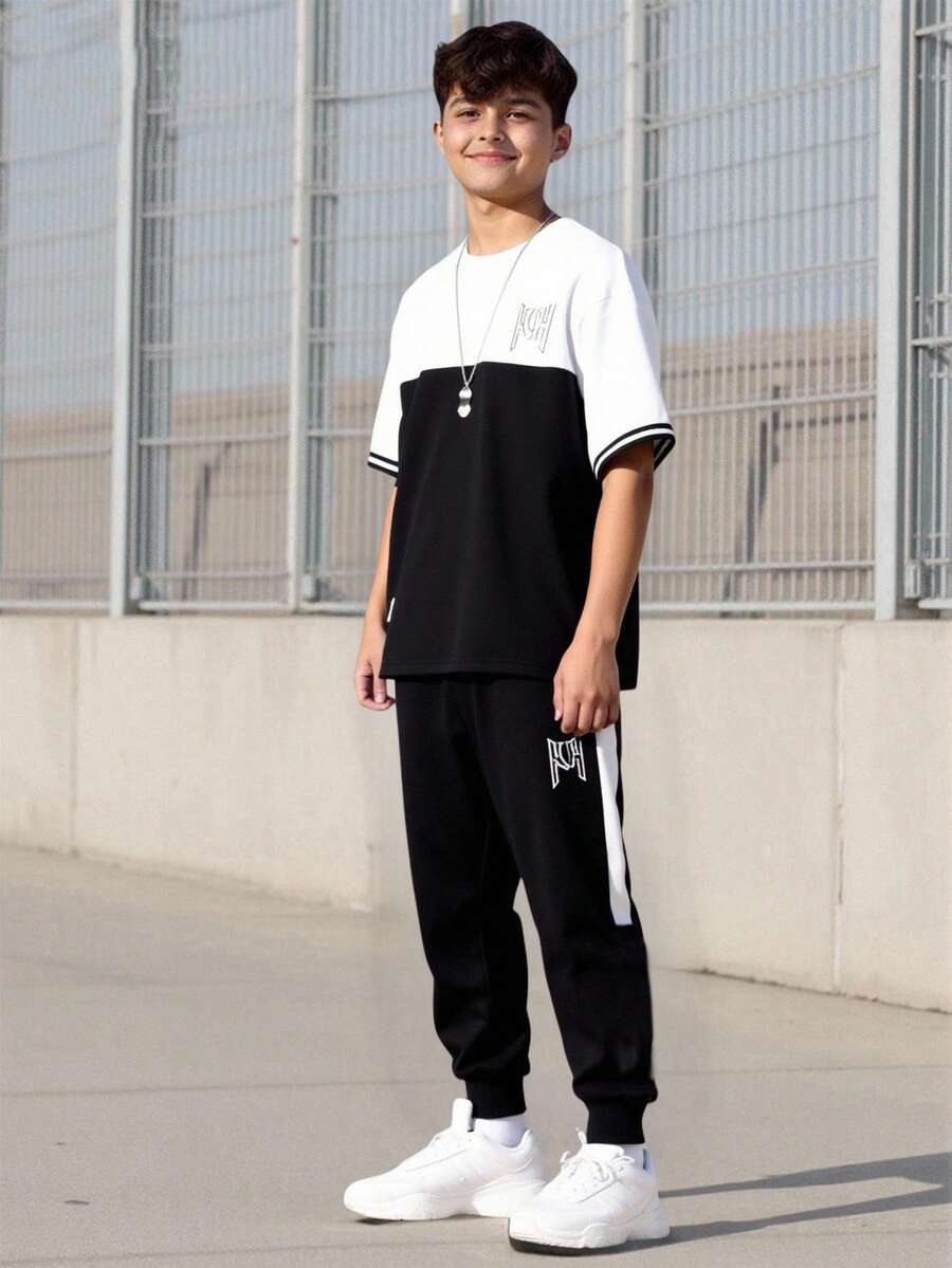 Vacaura 2件套青少年男童圆领休闲撞色字母印花T恤和运动裤套装 - 彩色 - 查看 1