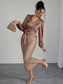 Rafferiza 女士纯色披肩领灯笼袖系腰上衣和亮片半裙修身优雅两件套 - 鏽棕色 - 查看 3