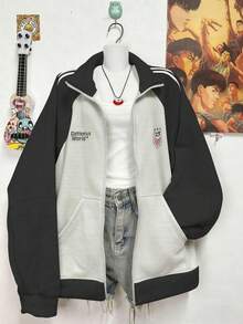 Lalippa 女士插肩袖字母印花拉链前襟休闲宽松口袋卫衣 - 彩色 - 查看 4