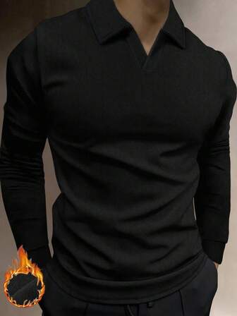 Manfinity Mode Camisa polo de manga larga con cuello en V de unicolor casual para hombre, otoño