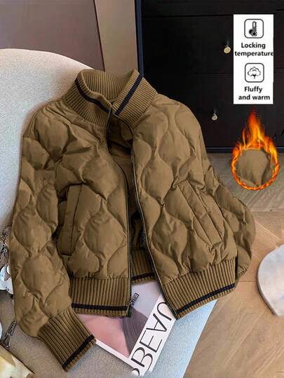 Franclia 欧美时尚撞色拼接针织菱形图案羽绒服，女士户外羽绒服，带口袋，秋冬款