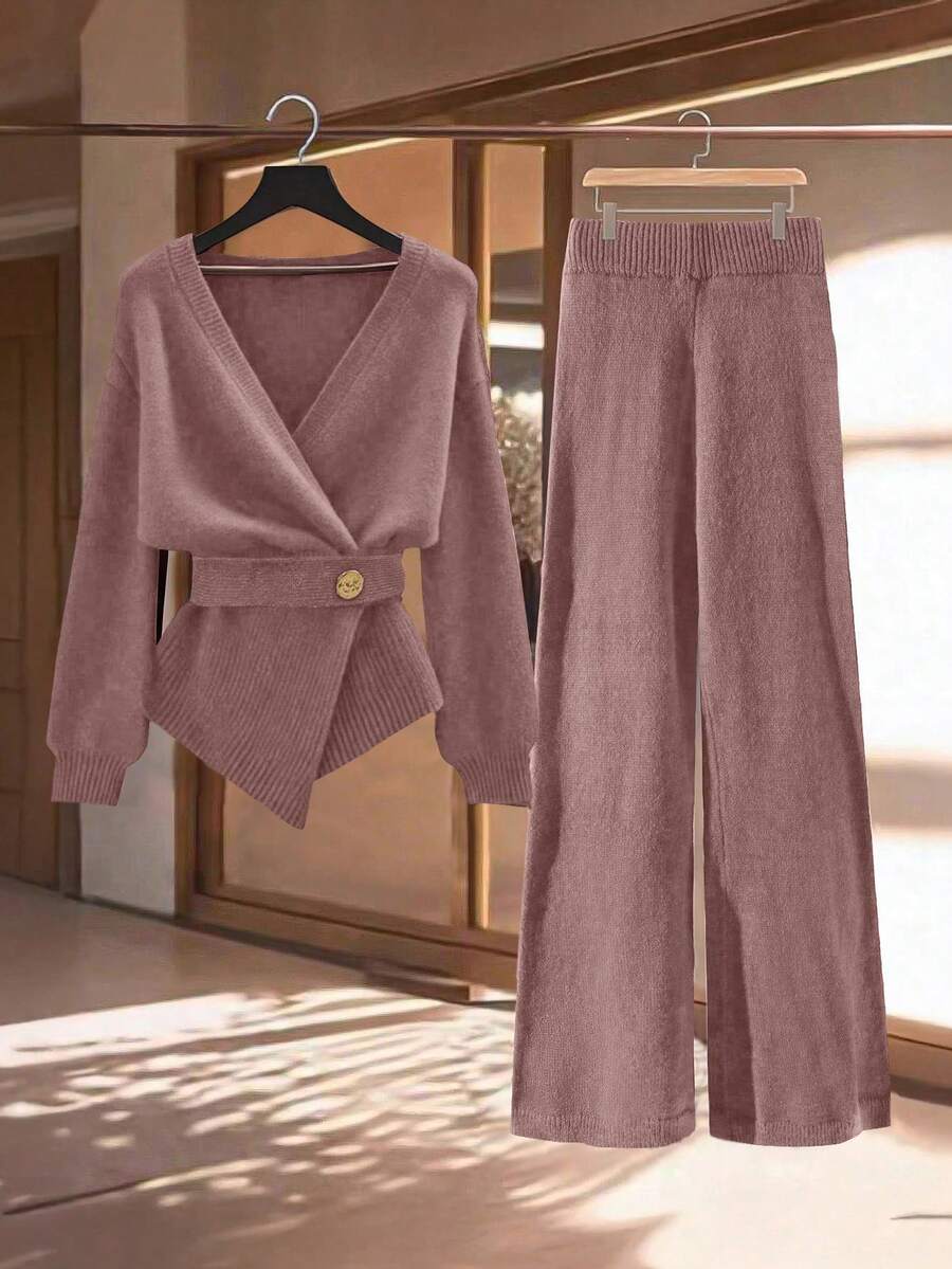 GlowEve Setelan 2 Potong Wanita: Sweater Lengan Panjang dan Celana Panjang Minimalis Warna Polos - Dusty Pink - View 1