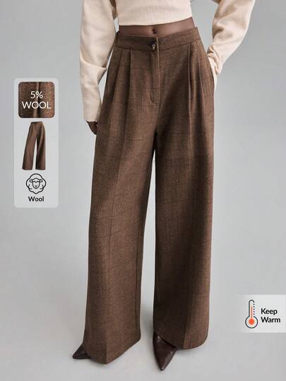 Ontre 2025秋冬新款棕色格子羊毛混纺侧袋女裤，现代优雅都市商务休闲风，适合圣诞节、新年、感恩节、海滩、正式场合、办公室工作穿着，百搭浪漫风