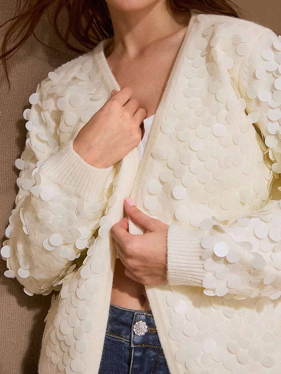 MOTF PREMIUM Áo len cardigan cổ chữ V trơn kim sa - Màu be - Xem 1