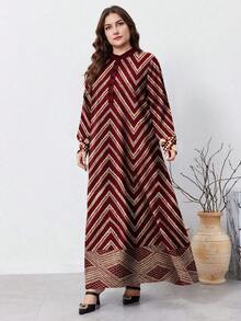 SHEIN Najma Váy dài tay cổ bẻ in hoa hình học cổ điển cỡ lớn dành cho nữ, thời trang xuân thu - Nhiều màu - Xem 4