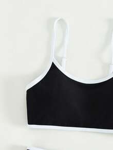 Teen Girl Summer Vacation Beach Contrast Trim Spaghetti Strap Bikini Set - Black and White - View 5