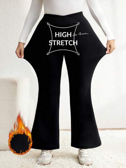 Comfylo Plus Size Minimalist English Print High Waist Waist Cross Design Micro Flared Long Tight Fitting Women'S Leggings Suitable For Parties Suitable For Spring And Autumn Seasons,Thermal Lined Thermal Leggings, Yoga Pants, Sports Pants,Elegant Dress Women,Holiday Outfits,Plus Size Women High Waist Criss-Cross Design Flared Leg Leggings,Plus-Size Autumn Casual Elegant Christmas Party Everyday Elegant Party Stretch Solid Color Black Leggings, Autumn And Winter, Plus-Size Winter Wear, Women'S Christmas Wear, New Year'S Wear, Outing Wear, 2025 New Style, Simple And Fashionable Everyday Wear, Black Leggings, Suitable For Multiple Occasions, Christmas, Women'S Date Night Wear, Night Party, Elegant Party Flared Sweatpants Flared Leggings For Women Black Flare Pants Stretchy Pants High Waist Pants