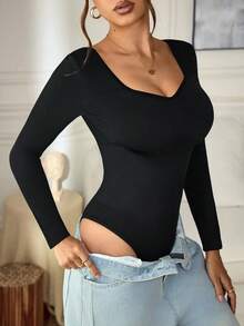SHEIN Sports 1pc Seamless Ribbed High Elasticity Yoga Fitness Jumpsuit Long Sleeve Bodysuit