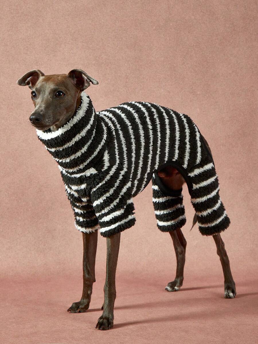 PETSIN Pawparrel 1件宠物秋冬时尚经典复古黑白条纹印花学院风双面毛绒保暖弹力舒适狗狗高领连体衣 - 彩色 - 查看 1