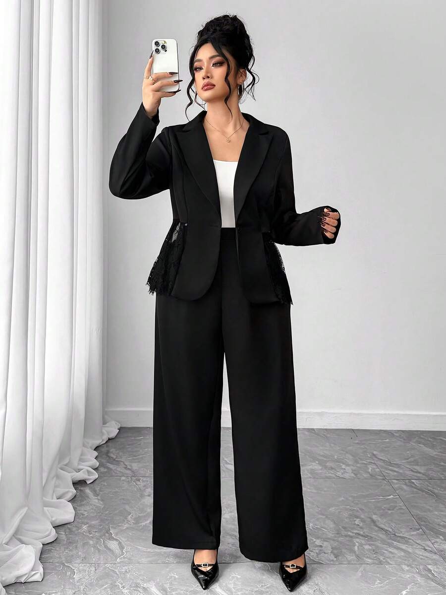 Elenzga 2pcs Plus Size Women Elegant Turndown Collar Long Sleeve Lace Patchwork Fitted Blazer Set, Spring/Autumn - Black - View 1