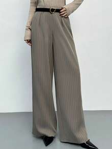 Firerie Women's Elegant Casual Office Commute Pants, Brown Khaki Striped Fabric Loose Fit Straight Leg Trousers, Autumn/Winter New Women's Suit Pants, Elegant Pants, Winter For Women, Fall, Going Out,Spring - Brown - View 5