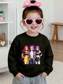 Young Girls' Christmas Cartoon Girl Group Graphic Comfortable Print Long Sleeve Sweatshirt, Suitable For Autumn/Winter, Lightweight And Cozy, Great For Layering In Fall, Fashionable Casual Wear, Graphic Design, Back To School Season, Autumn, Back To School Party, Suitable For Outdoor Picnic, Street Photography, Home, Campus, Holidays, Gift - Black - View 1