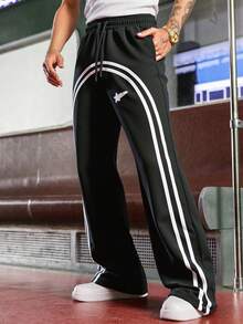 SHEIN Teen Boy Zipper Detail Striped Loose Straight Casual Sweatpants Chic For Autumn/Winter Fall - Black - View 6