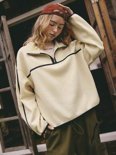 Medorelle 波西米亚风冬季圣诞新年撞色缎带宽松女士落肩长袖拉链半开襟休闲卫衣运动休闲上衣